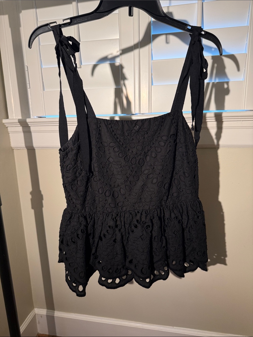 J Crew Black Eyelet Tie-Shoulder Peplum Tank Top